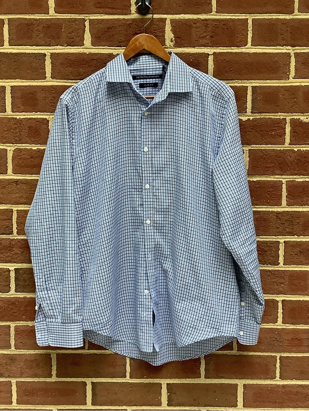 EUC Metropolitan View Slim Fit Plaid Checked Blue Collared Shirt 16 34/35